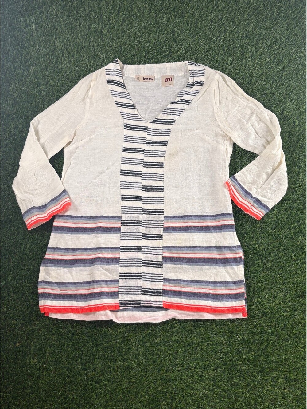 Vintage Lemlem 3/4 Sleeve Striped V-Neck Tunic Top Medium